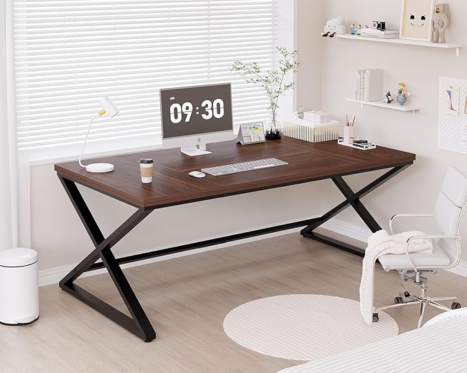 IBF Large Computer Desk, 70.8” Long Home Office Desk for Writing, Modern Simple Executive Work Desk for Study, Wood Metal Double PC Gaming Workstation Computer Table for Bedroom, Walnut, 70 inch