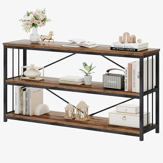 HSH Long Horizontal Bookshelf, Rustic Wood Low Etagere Bookcase for Bedroom, Industrial Metal 3 Tier Book Shelf for Living Room, Vintage Wide Open Large Bookshelves for Home Office, Brown, 63 Inch