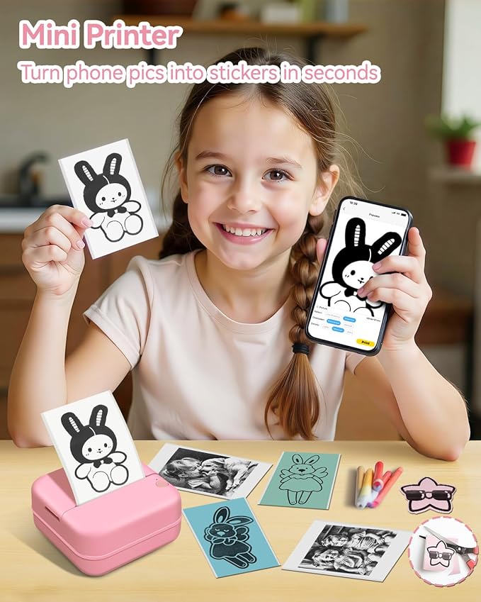 Aptika Sticker Printer - Mini Printer with 14 Rolls Self-Adhesive Papers, Pocket Label Maker for iPhone/Android, Bluetooth Thermal Machine for Students Children Birthday, Pink