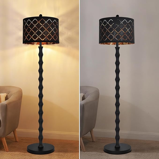 Gothic Vintage Floor Lamp for Living Room Bedroom,Black Standing Tall Lamp with Drum Lampshade,Farmhouse Unique Floor Lamps,Mid Century Modern Iron Floor Lamp for Office Corner(Bulb Included)