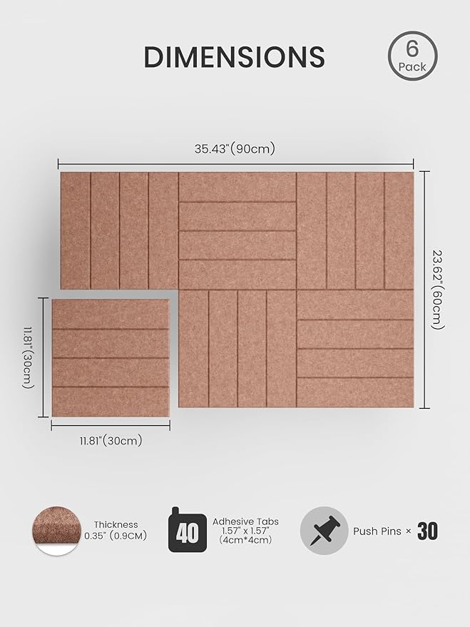 Bumusty Large Cork Board Alternative-36 x 24" Felt Bulletin Board Tiles, with 30 Pushpins, 40 Adhesive Tabs, 6-Pack Slat Wall Paneling, Cork Boards for Office Push Pin Board Felt Board-Terracotta