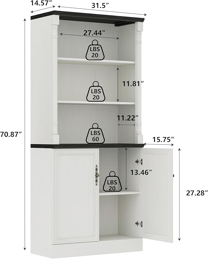 Bookshelf with Doors, 71" Tall Wood Book Shelf with Cabinet, 24" Wide Bookcase with Adjustable Shelf, Floor Standing Display Storage Cabinet for Home Office, Study and Living Room, Antique White