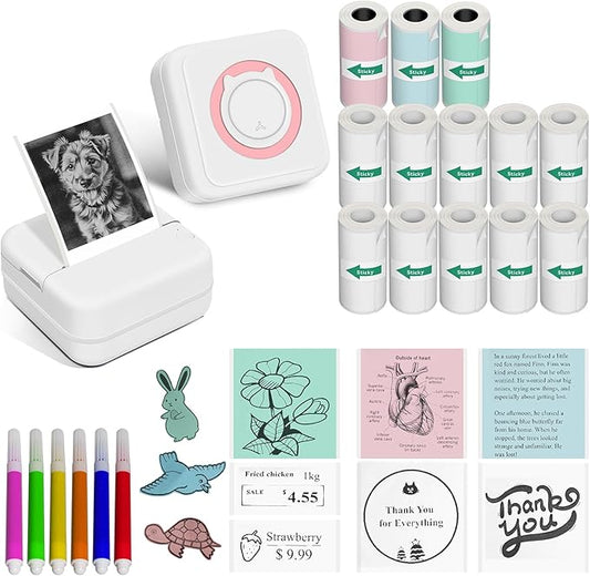Aptika Sticker Printer - Mini Portable Printer with 14 Rolls Sticky Papers, Bluetooth Thermal Maker Machine for Students Children Birthday, Compatible with for iPhone/Android, Pink