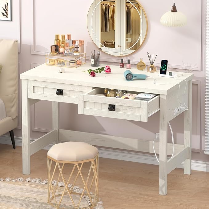 Farmhouse Computer Desk with 2 Drawers, 39 Inch Small Office Computer Desk with Power Outlets, Compact Writing Study Vanity Desk for Small Spaces, White