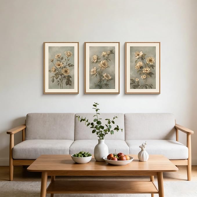 KAIRNE Vintage Botanical Flower Wall Art Set of 3, Modern Boho Floral Framed Canvas Art,Mid Century Nature Wildflower Wall Decor, Green, Beige for Living Room, Bedroom, Farmhouse, Office 24x36 Inch