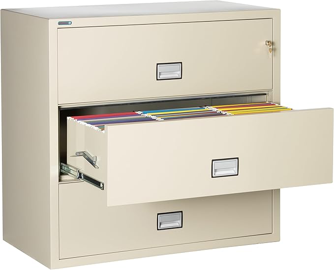 44 inch Wide 3-Drawer Lateral Fireproof File Cabinet – Legal and Letter Size Filing – Key Lock – Water Resistant – Fire Safe and Impact Rated – Putty Finish – Model LAT3W44P