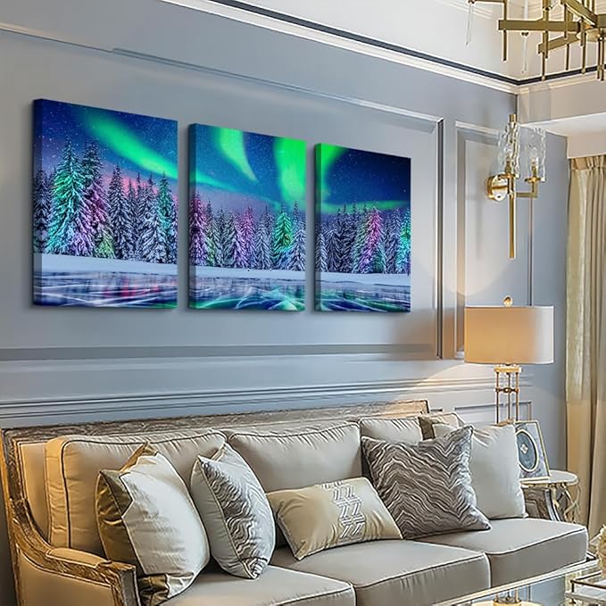 Lapremoly Canvas Wall Art For Living Room Wall Decorations For Bedroom Stretched And Framed Canvas Prints Paintings Aurora Scenery Pictures 3 Piece Bathroom Wall Decor Ready To Hang For Home Decor