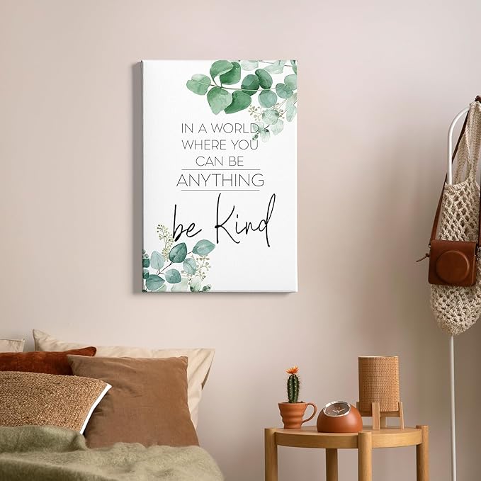 HIWX Be Kind Inspirational Framed Canvas Wall Art Decor, Eucalyptus Botanical Motivational Positive Wall Art Decoration for Bathroom Office Bedroom Home Prints 16x24