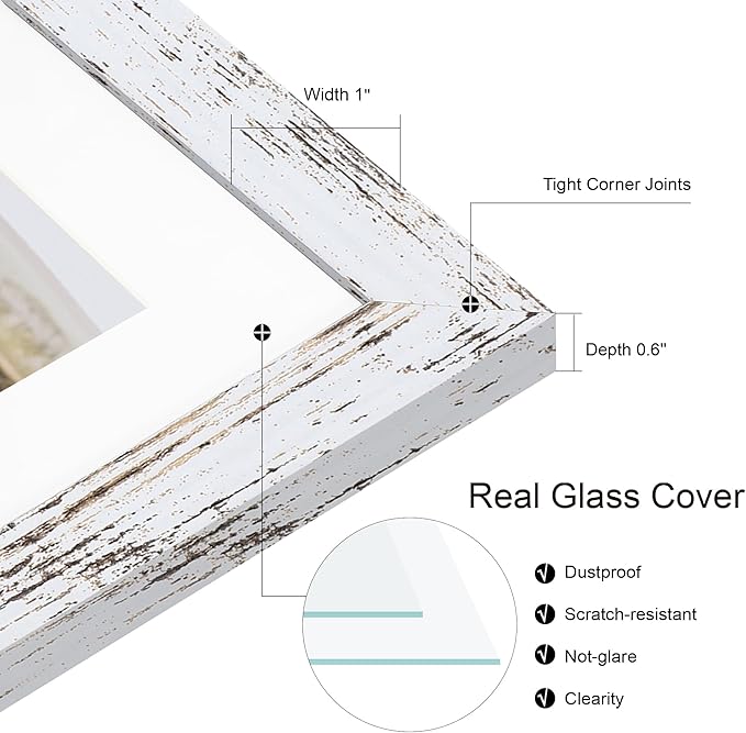 12x12 Picture Frame Set of 2, Distressed White Wood Frame with Glass Collage Frame, Display Pictures 4-4x6 With Mat or 12 x 12 Without Mat, Photo Frames Collage for Wall Hanging or Tabletop