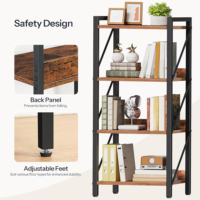 HOOBRO Bookshelf, 4-Tier Industrial Bookcase, Book Shelf Storage Organizer, Small Bookshelf with Metal Frame for Living Room, Bedroom, Home Office, Kitchen, Rustic Brown and Black BF40SJ01