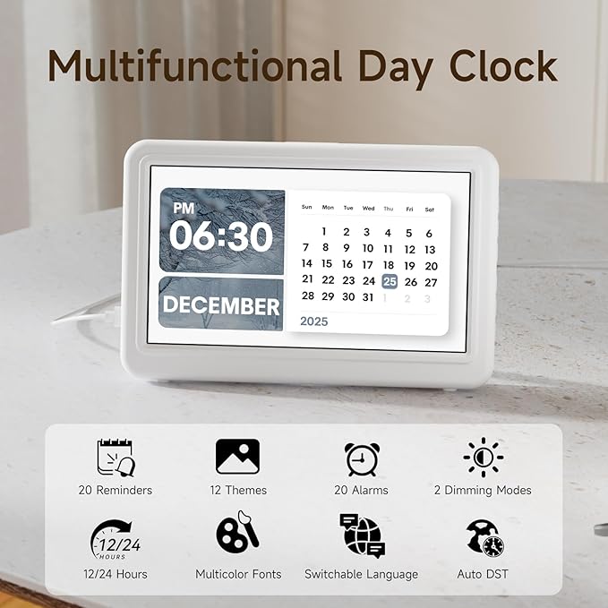 Raynic Digital Clock, 7" Digital Calendar Day Clock for Seniors, Dementia Clock with 20 Custom Alarms & Reminders,12 Themes, Auto DST, Dimmable Dementia Alzheimer's Clock for Elderly