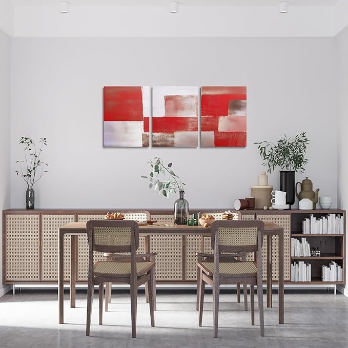 jejeloiu Modern Art 3 Piece Canvas Wall Art for Living Room Bedroom Abstract Art Picture Wall Decor 12"x16"x3pcs Red Abstract Oil Painting Office Decorations Artwork Posters