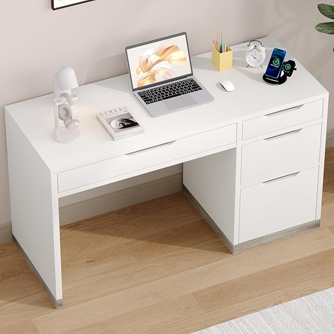52 Inch White Desk with Drawers, Modern Home Office Desk with Storage for Bedroom, Study Desk with Storage File Drawer for Small Space