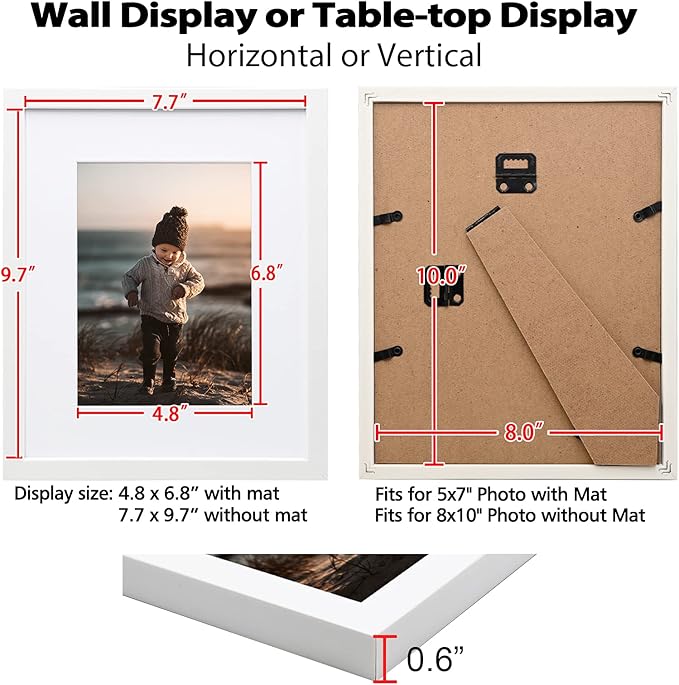 KINLINK 8x10 Picture Frame White Set of 6, Wooden Photo Frames Matted 5x7 with Plexiglass for 5x7 with Mat or 8x10 without Mat for Table and Wall Display
