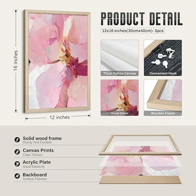 Abstract Floral Wall Art Pink Flower Canvas Pictures Modern Wall Decor Blush Pastel Pink Prints Peony Painting Minimalist Poster Botanical Artwork for Bedroom Living Room 12x16x3 Inch Wood Framed