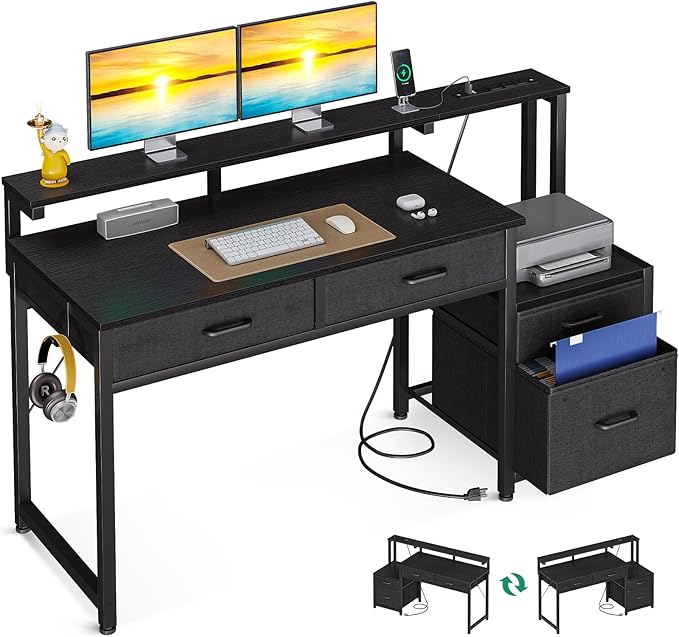 AODK Computer Desk with 4 Drawers, 48 Inch Office Desk with Printer Shelf & Built-in Power Outlet, Work Desk with Monitor Shelf for Home Small Spaces, Black