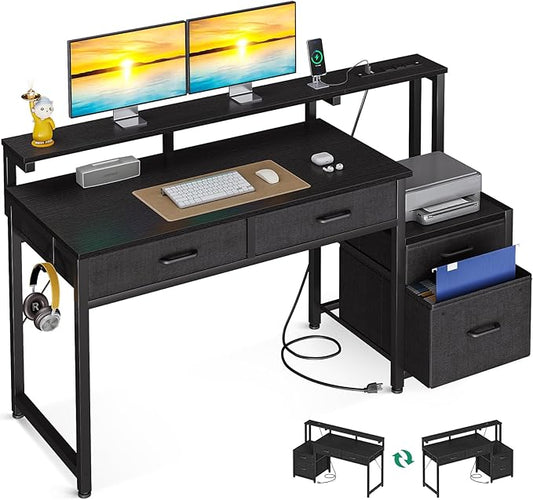 AODK Computer Desk with 4 Drawers, 48 Inch Office Desk with Printer Shelf & Built-in Power Outlet, Work Desk with Monitor Shelf for Home Small Spaces, Black
