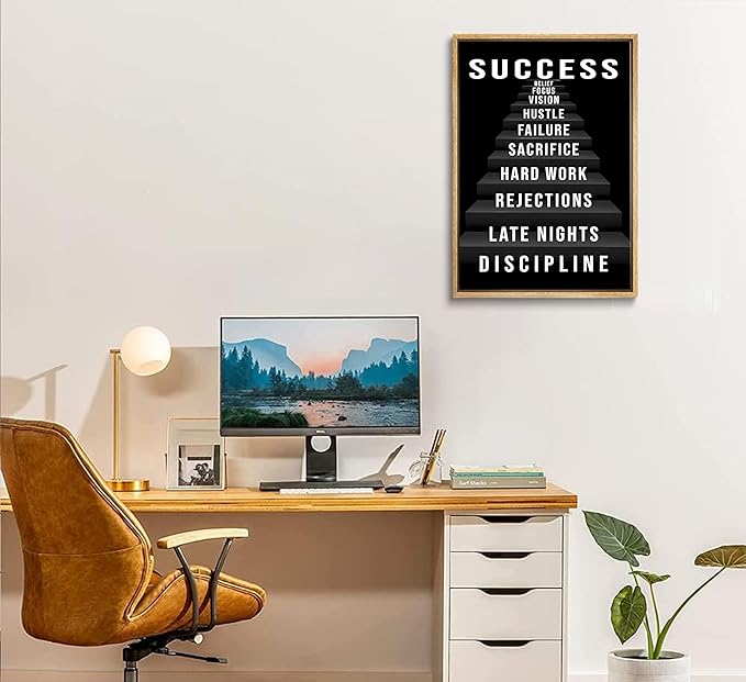 3Pcs Black and White Inspirational Phrases Wall Art Stairway to Success Canvas Posters Prints Never Give Up Pictures Paintings Office Wall Decor for Home Gym Workplace Unframed