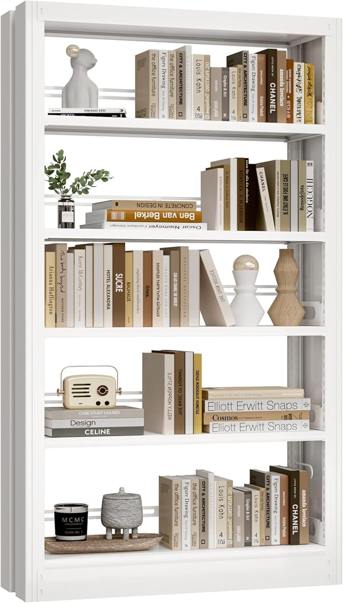 5-Tier Metal White Bookshelf, 71" Tall Library Bookshelf, White Bookshelf with Adjustable Storage Shelves, Modern Bookcase for Living Room, Library, Office, or Bedroom, Includes Book Stoppers (White)