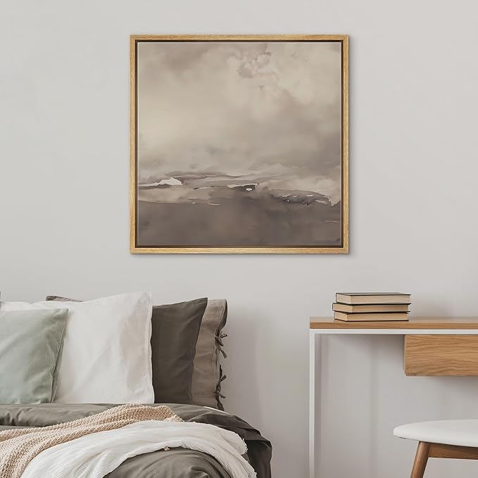 SIGNWIN Framed Canvas Print Wall Art Cloudy Sky Neutral Soft Beige Atmospheric Landscape Illustration Modern Art Decorative Nordic Minimal Calm/Zen for Living Room, Bedroom, Office - 16"x16" Natural