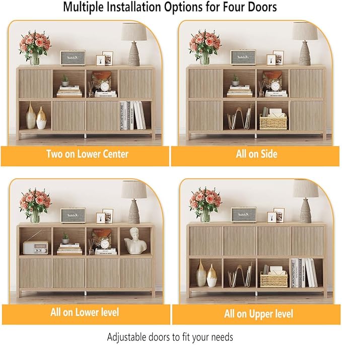 FATORRI 8 Cube Bookshelf with 4 Doors, Modern Mid Century Wood Book Shelf with Storage, Low Horizontal Cubby Bookcase for Home Office (Light Walnut)
