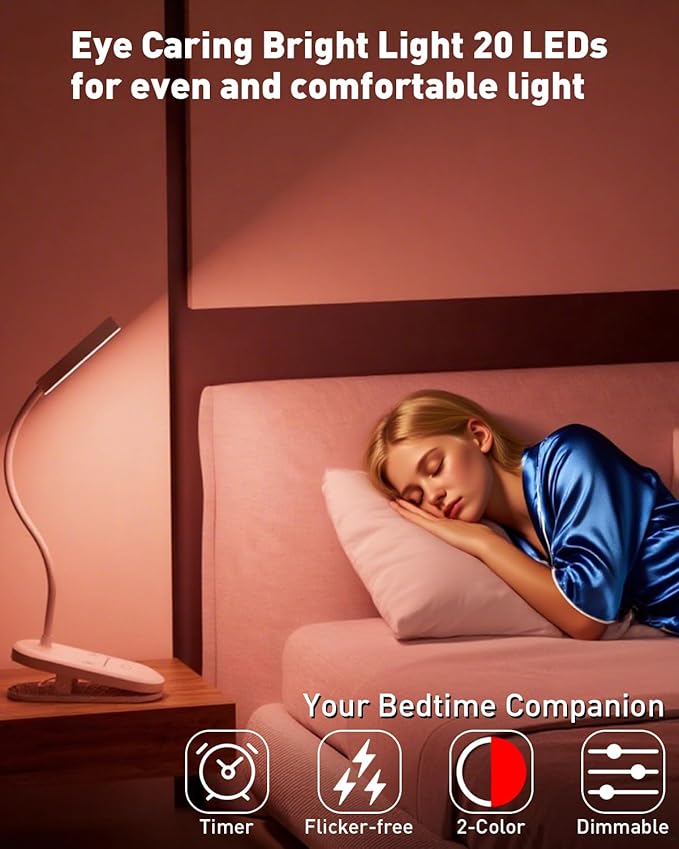 long-stars Red Light Reading Lamp for Sleep, Book Light for Bed Reading with 625nm Blue-Free Night Light, 2 Color Mode & Timer, 2000mah Rechargeable Clip on Lamp for Headboard, Desk, Studying