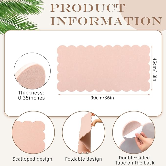 Scalloped Felt Bulletin Board 36 x 18 Inches Foldable Flesh Pink Pin Cork Board Alternative for Wall, 3' x 1.5' Trifold Picture Vision Self Adhesive Bulletin Decorative