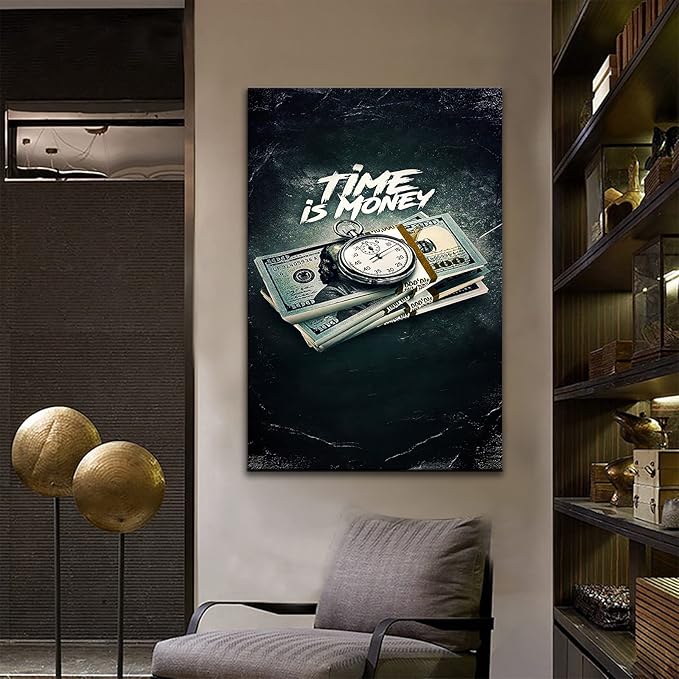 QYHART Inspirational Wall Art Modern Pictures Print Vintage Painting Time is Money Nordic Canvas Quotes Positive Poster Home for Office Living Room Decoration Framed Ready to Hang [36''W x 24''H]