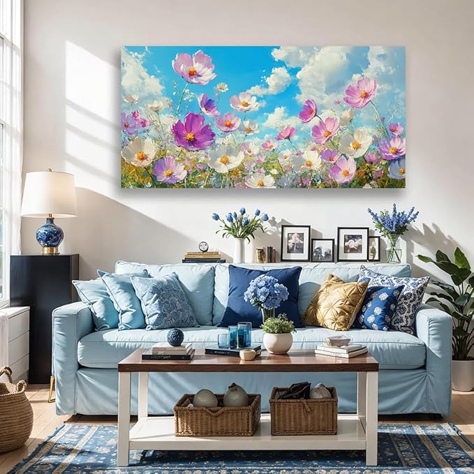 JLXART Canvas Wall Art Floral Wildflower Meadow Painting Purple and White Cosmos Flowers Picture Prints Summer Meadow Landscape Living Room Bedroom Decor 20 x 40 inches