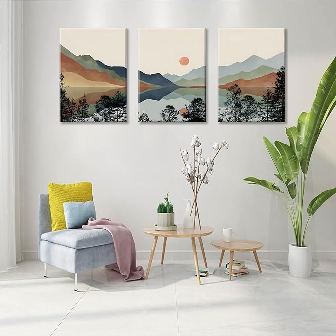 Bwodke Canvas Wall Art Framed Mountain Wall Art Set of 3 Boho Watercolor Nature Landscape Picture Decor Sun Forest Abstract Prints Artwork Painting for Living Room Bedroom Office 12"x16"