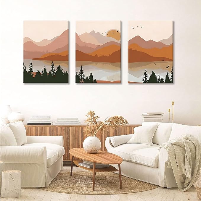 Bwodke Canvas Wall Art Boho Mountain Framed Wall Art Set of 3 Watercolor Nature Landscape Picture Decor Sun Forest Prints Artwork for Living Room Bedroom Office 16"x24"