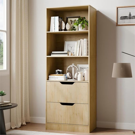 Bookcase with 2 Drawers, 3-Tier Bookshelf with Storage, 3 Shelf Bookshelf with Adjustable Shelf, Modern Bookshelf, Open Shelves for Study, Bedroom & Home Office, Natural