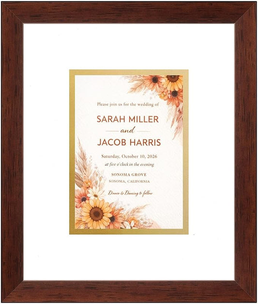Poster Palooza Wedding Invitation Picture Frame 11.25x13.25 in Brown With White and Metallic Gold Double Mat for 5.5x7.5 Boutique Keepsake | USA Made