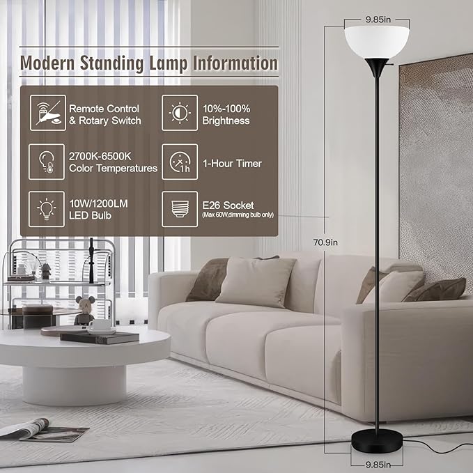Floor Lamps for Living Room, 71'' Torchiere Floor Lamps with Remote, 2700K-6500K Colors Temperature & Brightness Adjustable, 10W/1200LM Bright Dimmable Floor Lamp,Tall Standing Lamp for Bedroom/Office