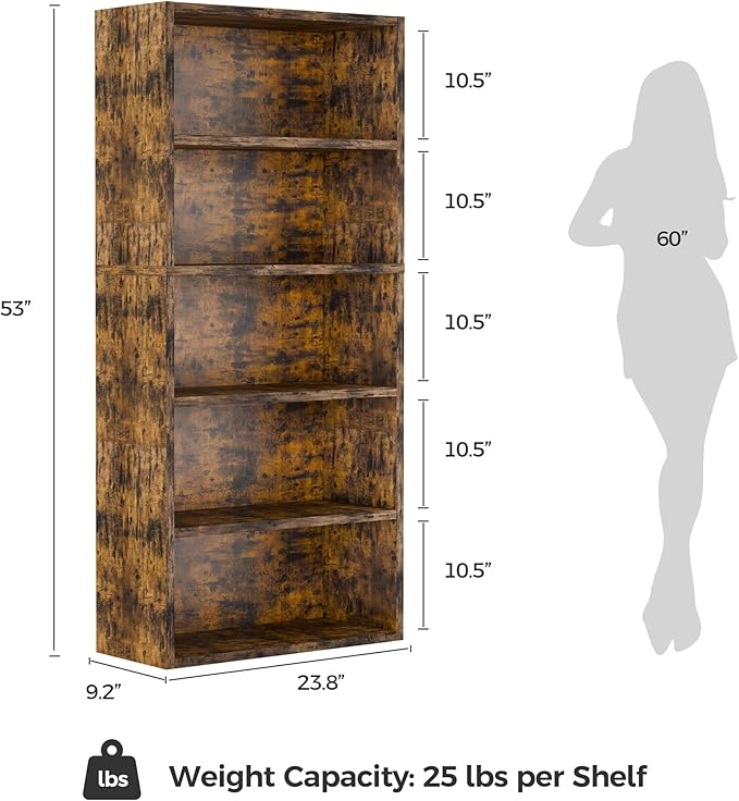 5-Tier Bookcase and Bookshelves, Freestanding Wood Bookshelf, 53" Tall Bookcase with Adjustable Shelves, for Living Room, Bedroom, Home Office, Retro Brown