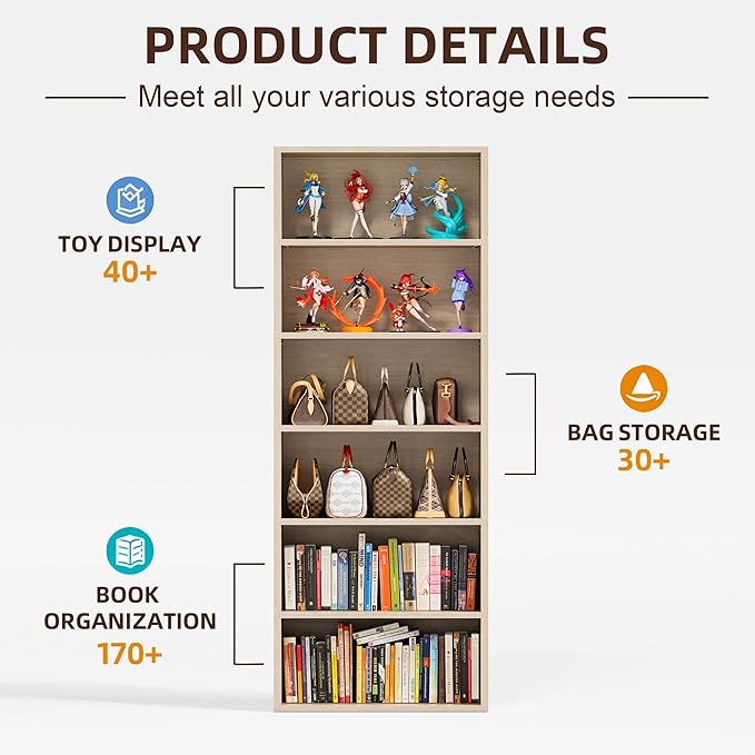 Furniwell 71" Tall Bookcase Bookshelves, 6 Tier Floor Standing Bookcases Open Frame, Modern Display Storage Organizer for Home Office, Living Room, Bedroom, Study Room (Beige, 1 Pcs)