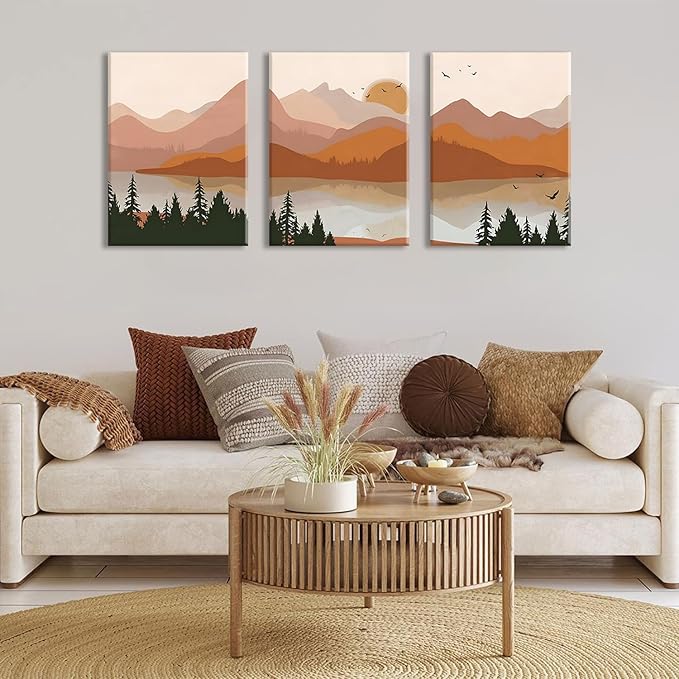 Bwodke Canvas Wall Art Boho Mountain Framed Wall Art Set of 3 Watercolor Nature Landscape Picture Decor Sun Forest Prints Artwork for Living Room Bedroom Office 12"x16"