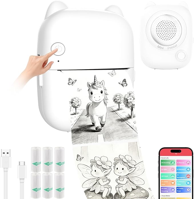 Mini Thermal Printer-AI Voice Sticker Printer Voice-Controlled Portable Printer for Home, Office, Study, and DIY Crafts (6 Rolls Included)