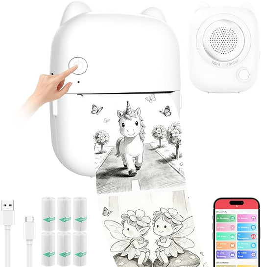 Mini Thermal Printer-AI Voice Sticker Printer Voice-Controlled Portable Printer for Home, Office, Study, and DIY Crafts (6 Rolls Included)
