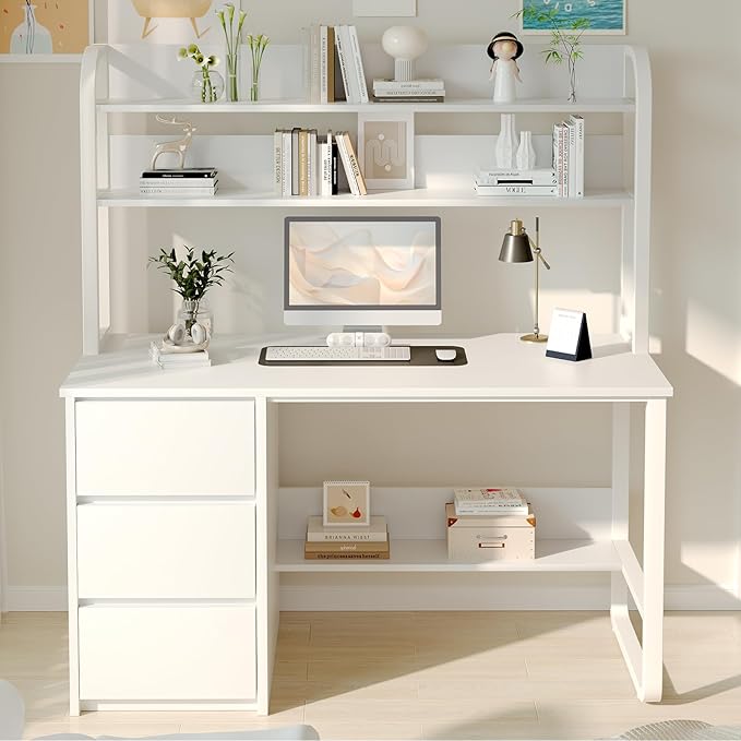 White Desk with Hutch, 47 Inch Computer Desk with 3 Drawers for Bedroom, Study Writing Desk with Shelves for Small Spaces, Adjustable Feet