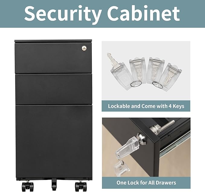File Cabinet, 3 Drawer Filing Cabinet with 15 pcs Letter Size Folders, Small Rolling Cabinet with Lock for Home Office, Pre-Built Office Storage Cabinet, White