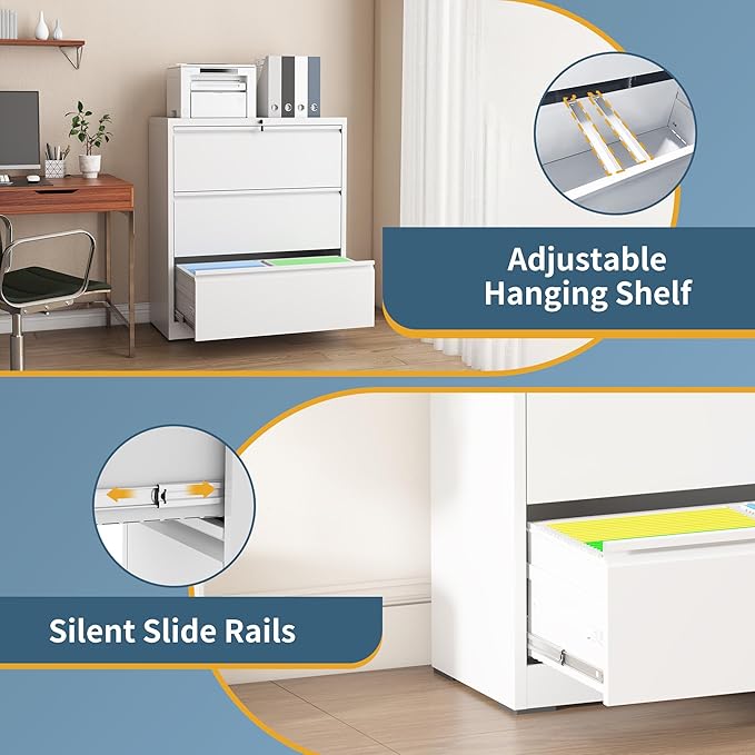 3 Drawer File Cabinet with Lock, Lateral Filing Cabinets,Metal Storage Filing Cabinets for Home Office, Heavy Duty File Cabinet for Letter/Legal/A4/F4 Size Amsseble Required, White
