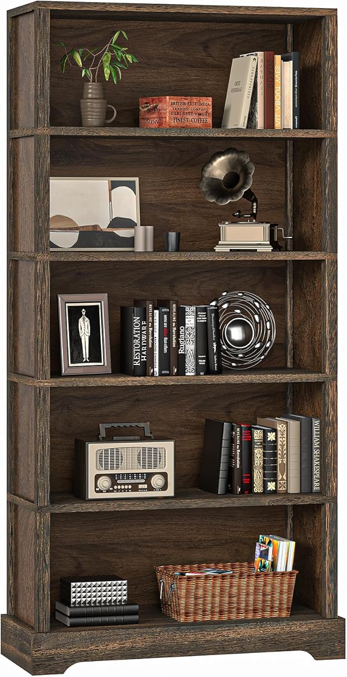 TVU 5-Tier Solid Wood Book Shelf, Floor Standing Bookcase, 65" H × 31.5" W × 11.8" D Bookshelf, Farmhouse Style Book Case with Arched Base, Suitable for Living Room, Study, Office, Walnut