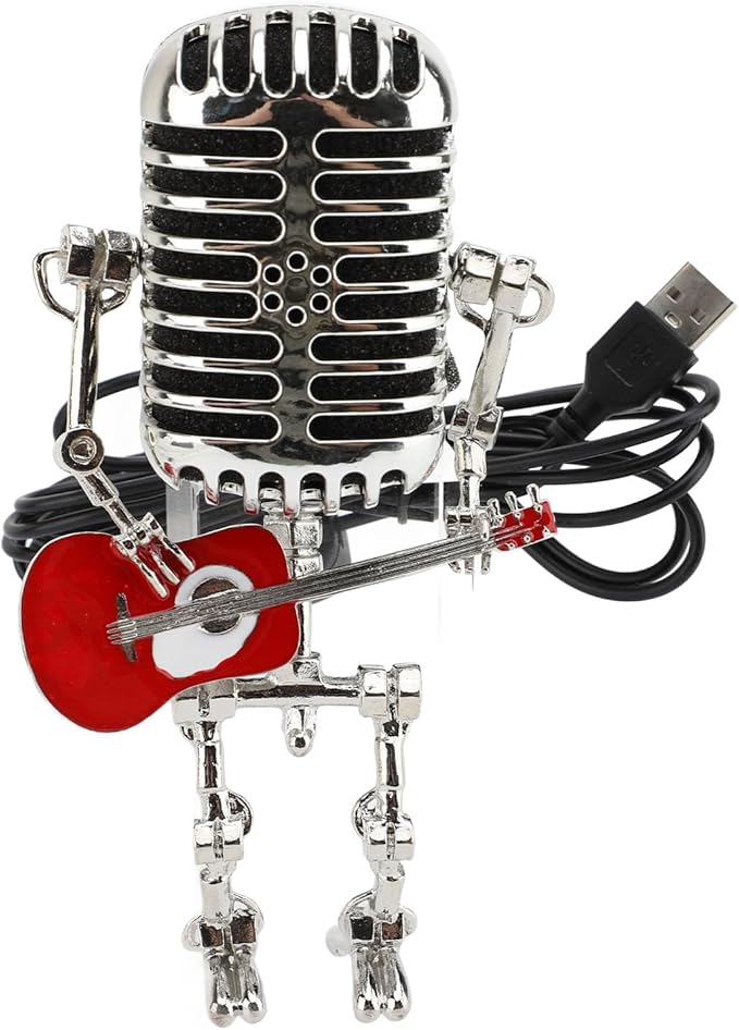 ZJchao Vintage Microphone Guitar Robot Table Lamp Aluminum Retro Metal Robot Night Light for Bedroom Desk Home Decor (Red)