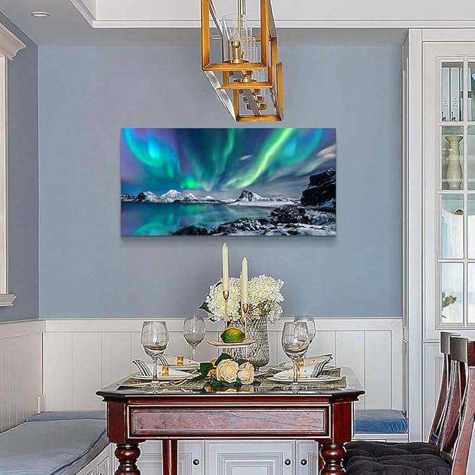 Farmhouse Wall Decor For Living Room Canvas Wall Art For Bedroom Blue Aurora Scenery Paintings Modern Bathroom Canvas Art Print Ready To Hang Office Pictures For Home Room Wall Decorations Artwork