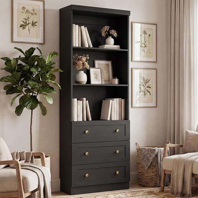 Cyclysio 80" Bookshelf with 3 Drawers, Tall Bookcase with Thickened Top Panel and 3-Tier Open Shelves, Tall Storage Cabinet for Home Office, Living Room, Black