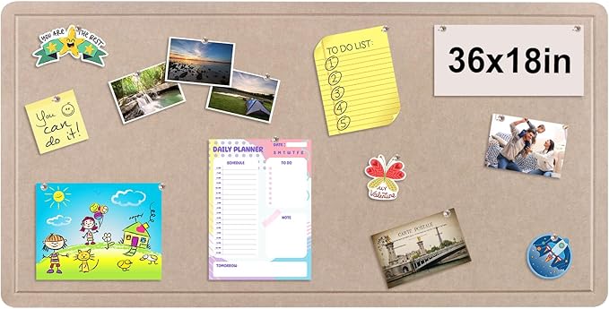 Foldable Bulletin Felt Board, 36x18 Inches Cork Board Alternative, Large Felt Board Decorative Pin Board for Wall, Foldable Photo Board Self-Adhesive Vision Board with 36 Pushpins Khaki