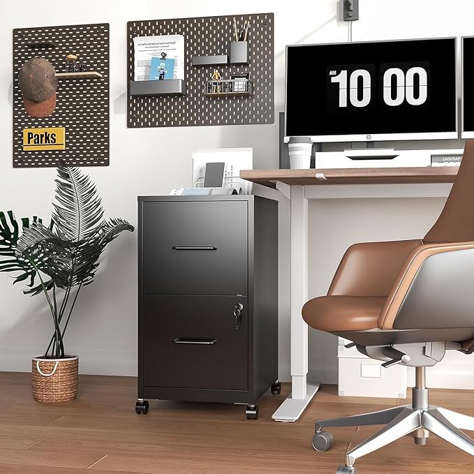 2 Drawer File Cabinet with Wheels, Metal Mobile Filing Cabinets with Lock, Vertical File Cabinet for Home Office, Rolling Storage Cabinet for A4/Letter/Legal Size File, Assembly Required, Black