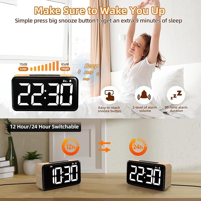 NOKLEAD Digital Alarm Clock for Bedroom: 5.9 inch Large LED Display, 9-Mins Snooze, 2 Volume Levels, 5 Brightness, 12/24H, Adapter Powered, Easy to Use for Adults and Seniors (Light Wood Grain)