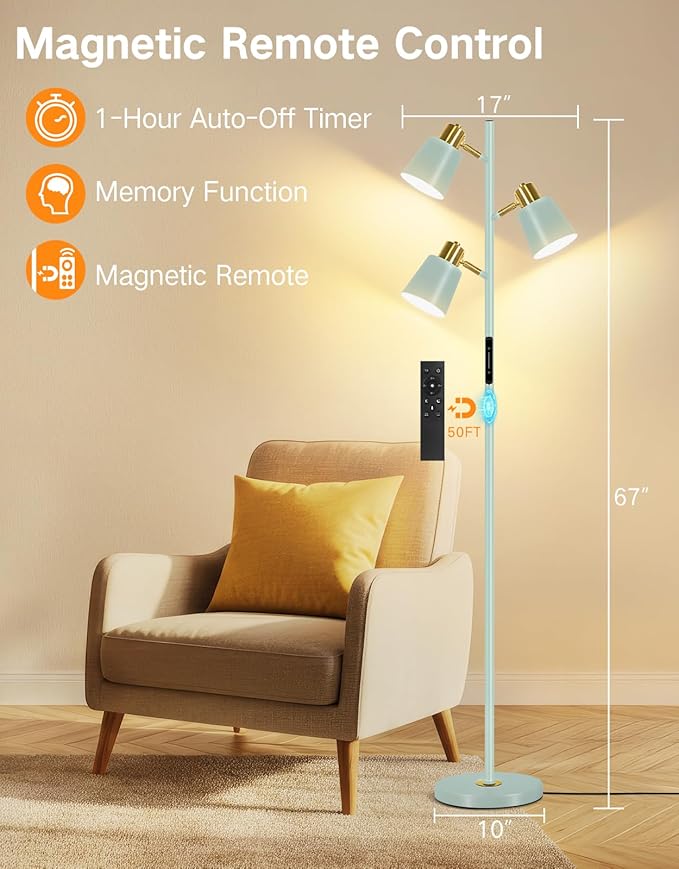 OUTON Tree Floor Lamp, LED Dimmable Floor Lamp with Remote and Touch Slide Control, 4 Color Temperatures, 3 Rotatable Lights, Modern Standing Lamp for Living Room Bedroom Office,Teal & Gold